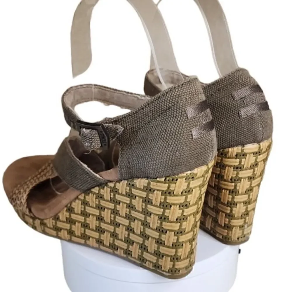 Toms- Clarissa Weaved Jute Wedges Olive Green Strappy, Size 7.5